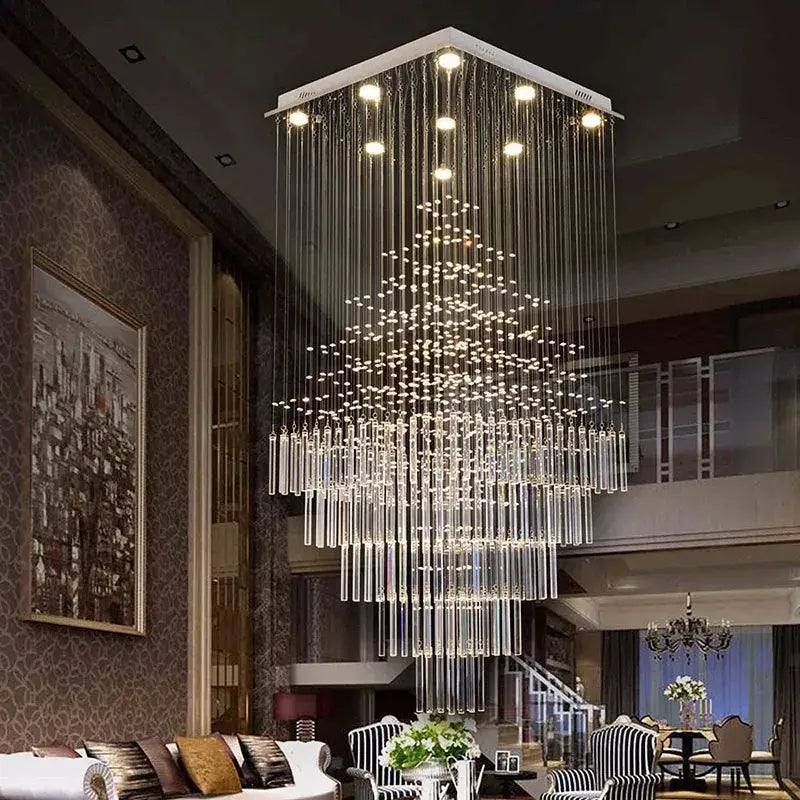Modern decorbites crystal columnar chandelier with white rectangular frame and clear glass prisms for living room stair loft