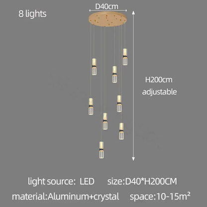 Modern decorbites crystal columnar chandelier with eight led lights, clear crystal pendants, and aluminum ceiling mount