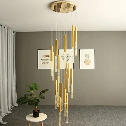 Modern decorbites crystal gold chandelier with cylindrical glass rods and wooden ceiling mount for living room lighting
