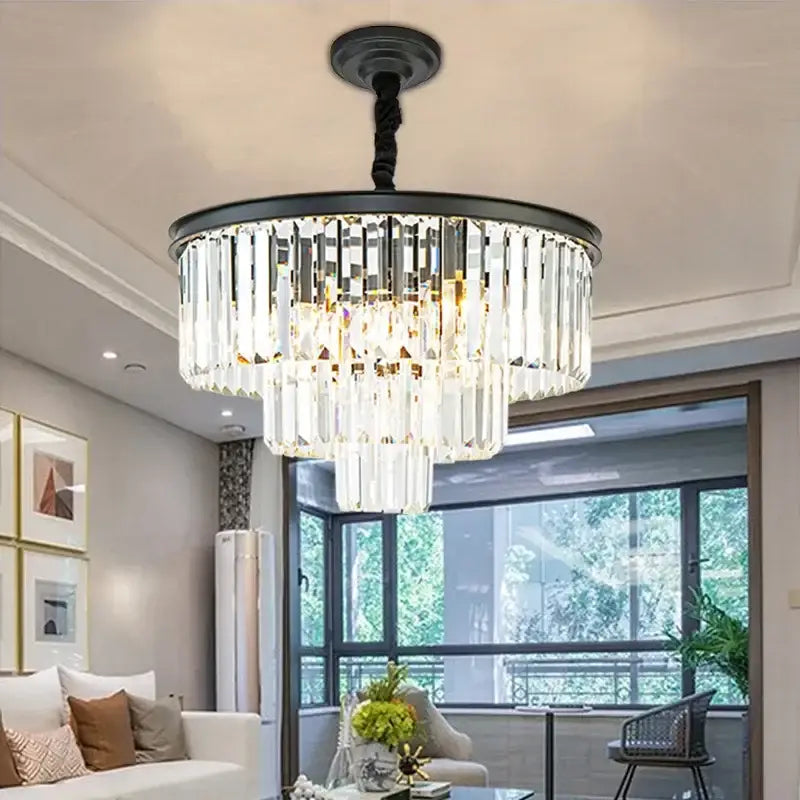 Modern decorbites crystal gold led chandelier with black metal frame and cascading clear crystal prisms for living room
