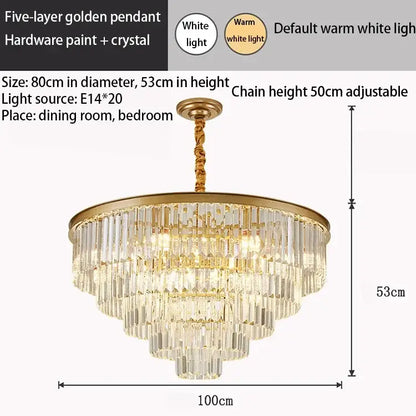 Elegant five-layer decorbites crystal gold pendant chandelier with warm white led lighting for modern living room decor