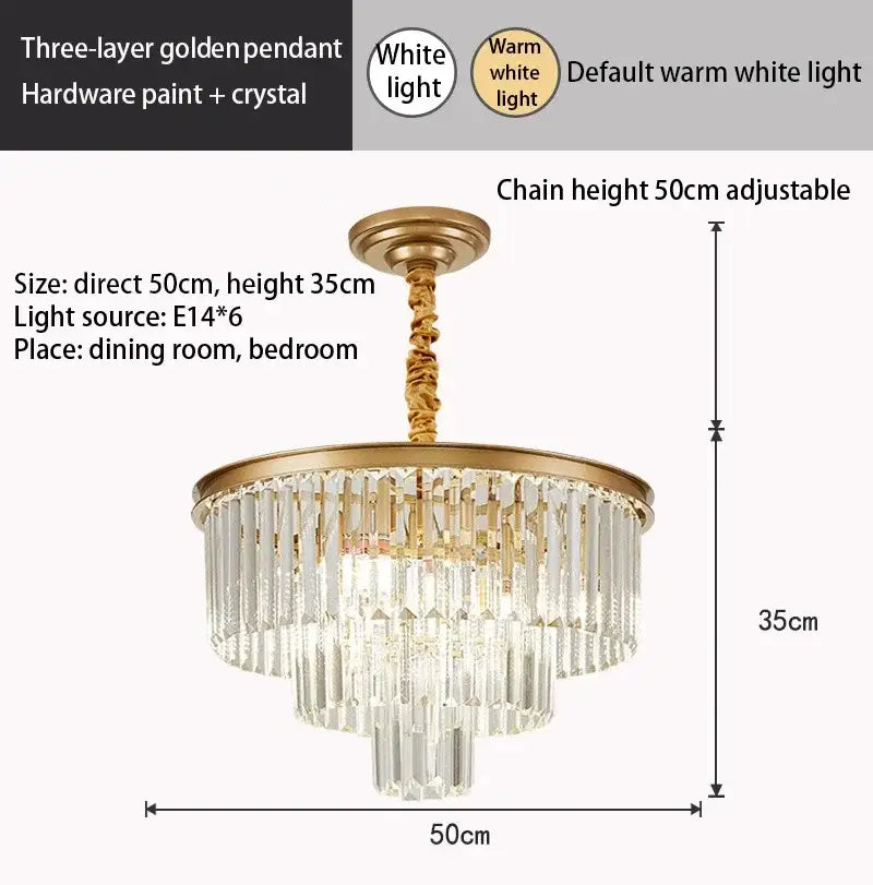 Modern decorbites crystal gold led chandelier with three-layer crystal rods and adjustable chain for living room lighting