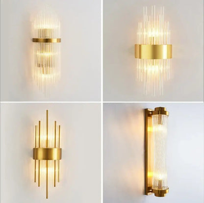 Gold-finished decorbites crystal gold led wall sconce with clear vertical glass rod cascades for modern bedroom decor