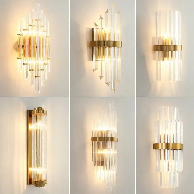 Gold-toned modern decorbites crystal gold led wall sconce with clear glass rods illuminated by warm light for bedroom use