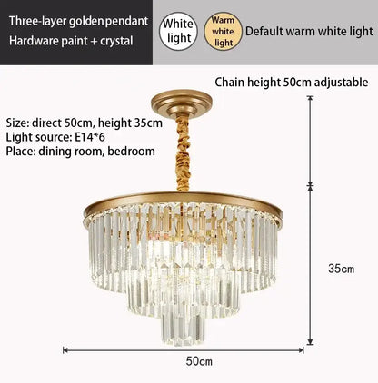 Modern decorbites crystal gold multi-tiered chandelier with three layers of crystal rods and adjustable gold black led chain height