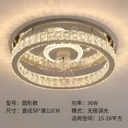 Modern decorbites crystal led ceiling fan with circular ceiling light featuring clear crystal rings and metallic finish