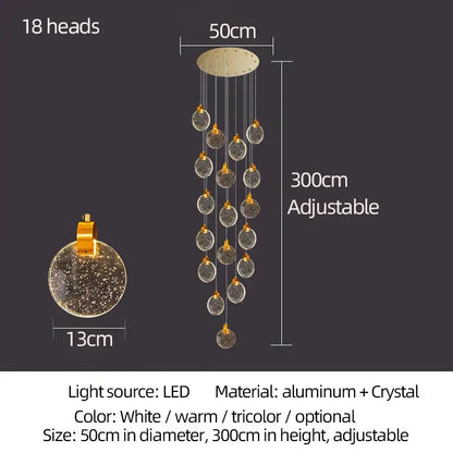 Modern decorbites crystal led chandelier with 18 crystal orbs on aluminum frame in white warm or tricolor led lighting