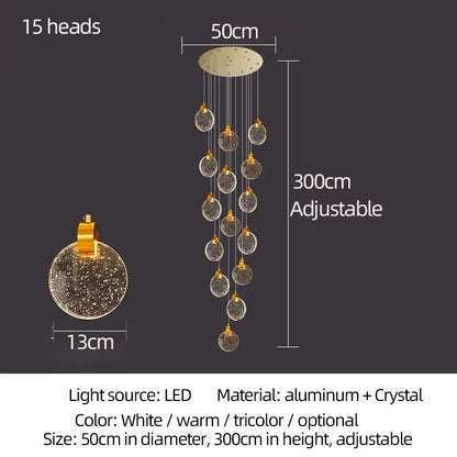 Modern decorbites crystal led chandelier featuring 15 gold-toned crystal orbs with white warm and tricolor LED lighting