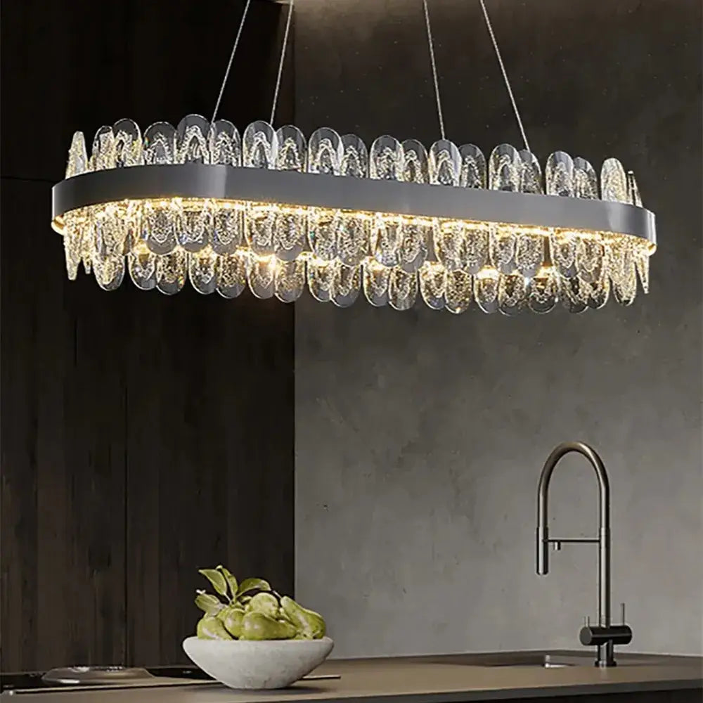 Modern decorbites crystal led chandelier with gray metal frame and cascading crystal droplets for living room lighting