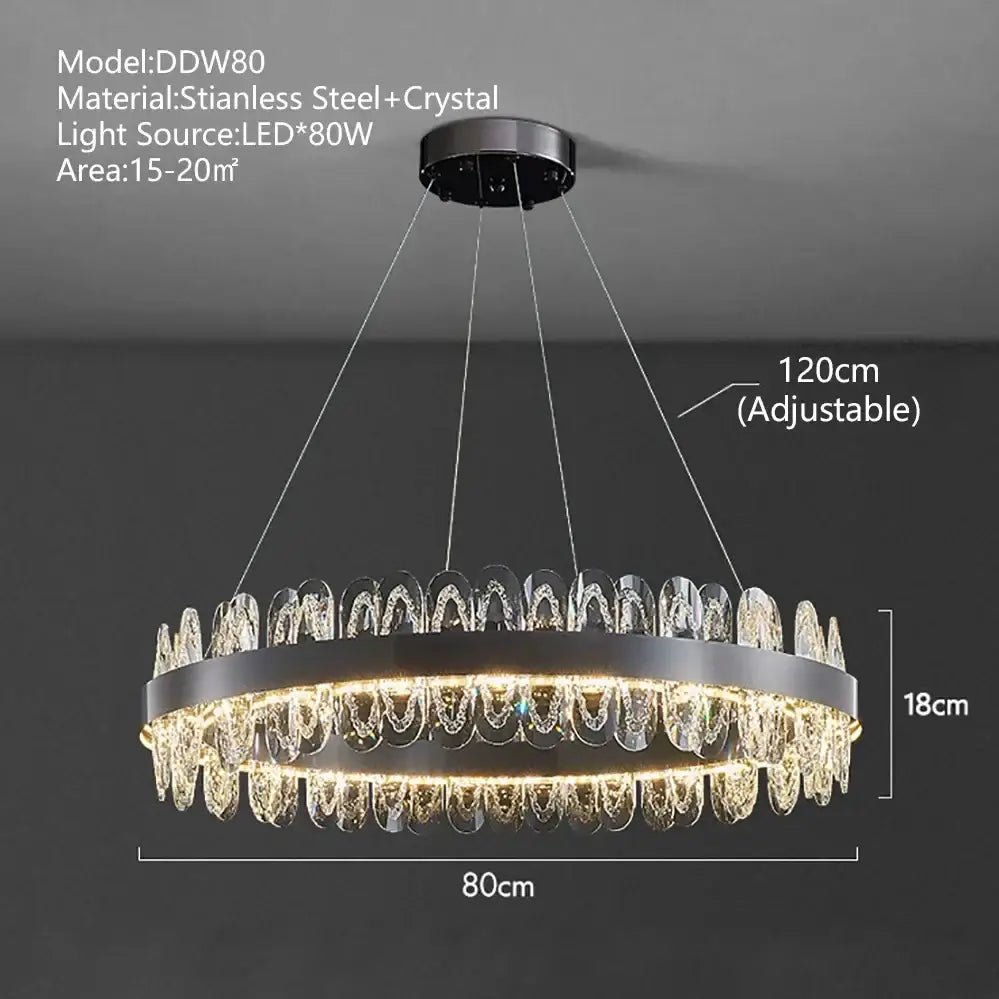 Modern decorbites crystal led chandelier with sleek black stainless steel frame and cascading clear crystal droplets for living room