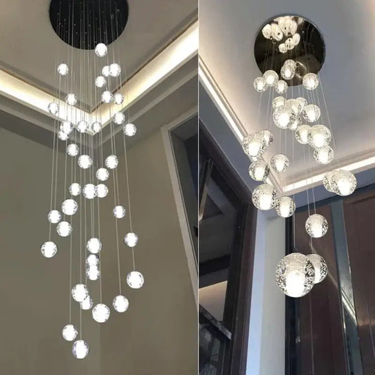 Modern decorbites crystal led chandelier with sleek black mount and cascading clear faceted glass spheres for living room