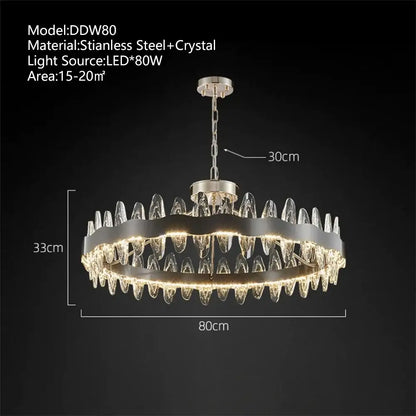 Modern decorbites crystal led chandelier with a stainless steel frame and crystal accents for living room lighting