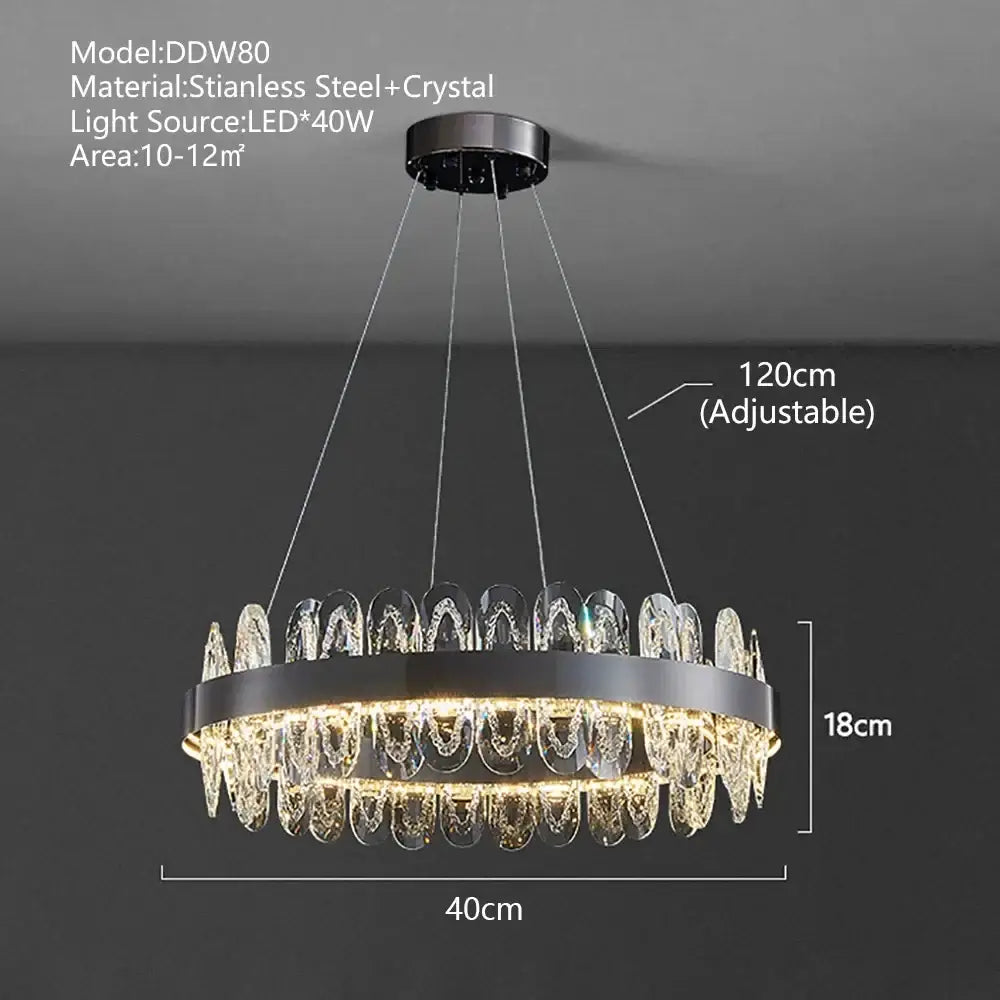 Modern decorbites crystal led chandelier with sleek black stainless steel frame and cascading clear crystal droplets