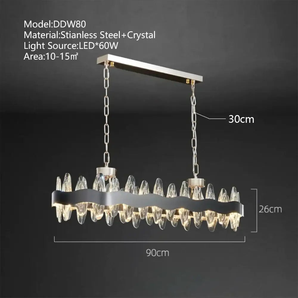 Modern decorbites crystal led chandelier with sleek stainless steel frame, crystal droplets, and black wavy accent band