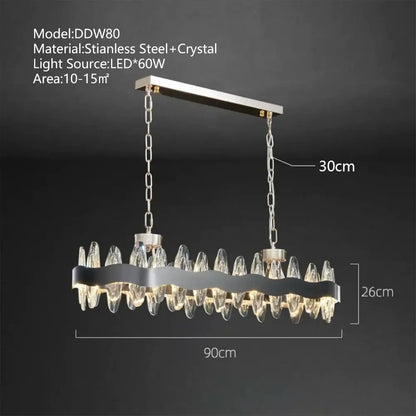 Modern decorbites crystal led chandelier with sleek stainless steel frame, crystal droplets, and black wavy accent band