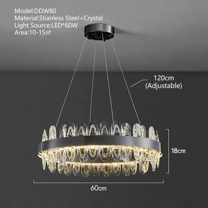 Modern decorbites crystal led chandelier with a sleek black stainless steel frame and dangling crystal droplets light fixture