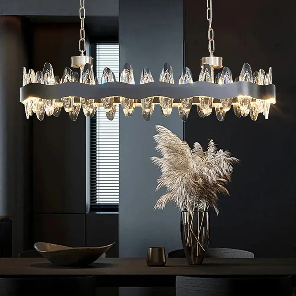 Modern decorbites crystal led chandelier with silver wavy frame and cascading clear crystal droplets for living rooms