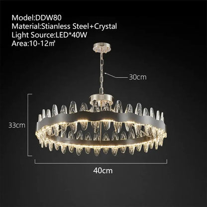 Modern decorbites crystal led living room pendant light featuring a circular stainless steel frame with crystal accents