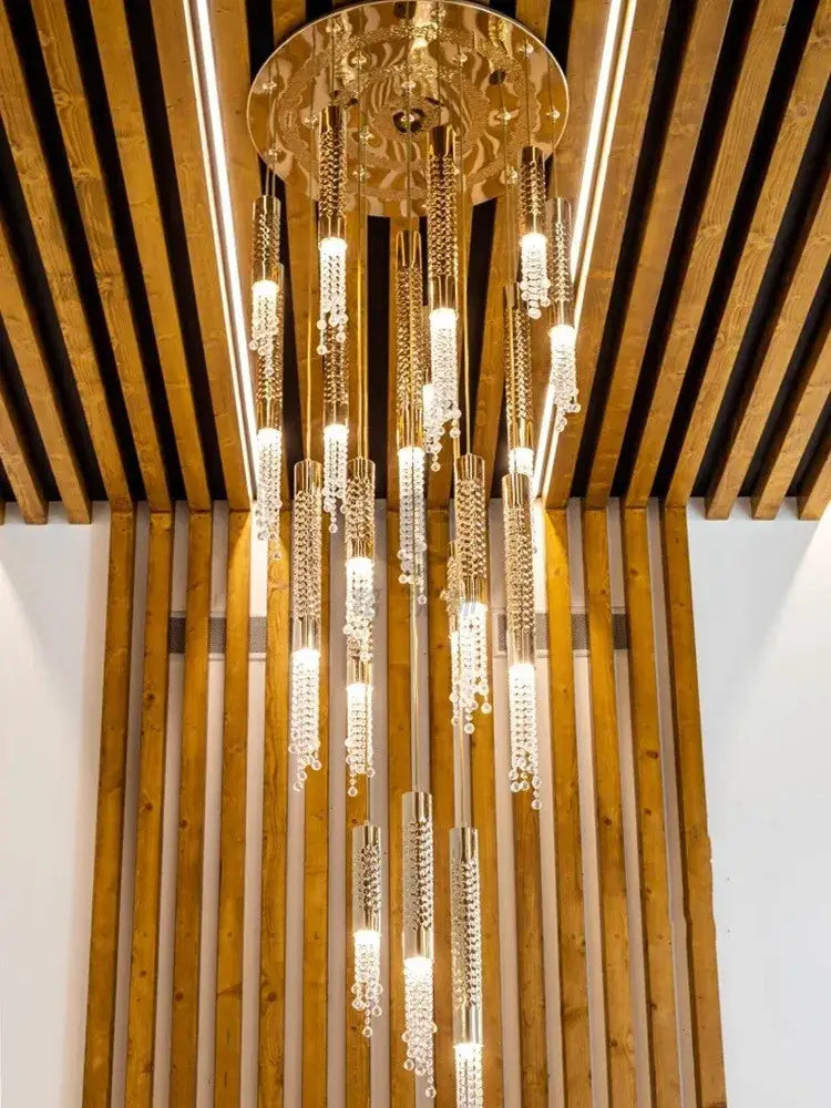 A golden ornate decorbites crystal led large chandelier with cascading crystals and glass for led large staircase use