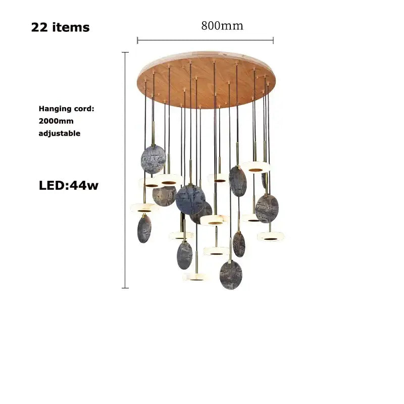 Modern decorbites deco wood and marble led chandelier with circular wooden top and earthy glass shades for dining room lighting