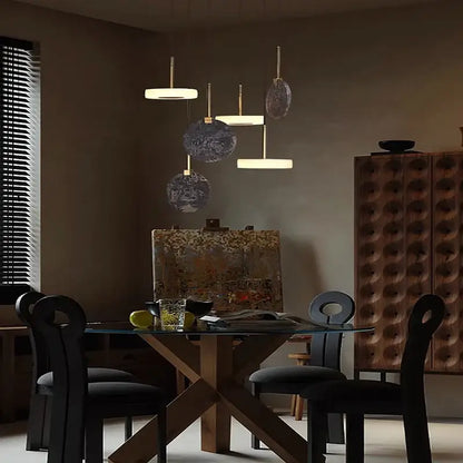Modern decorbites deco wood and marble led chandelier with gold fixtures and circular glass shades for dining room light