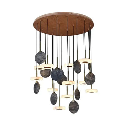 Modern decorbites deco wood and marble led chandelier with circular wooden top, black cords, and dark stone discs for dining room light