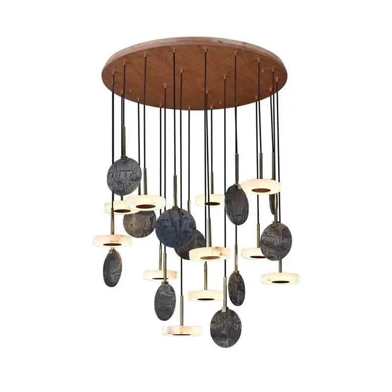 Modern decorbites deco wood and marble led chandelier with circular wooden top, black cords, and dark stone discs for dining room light