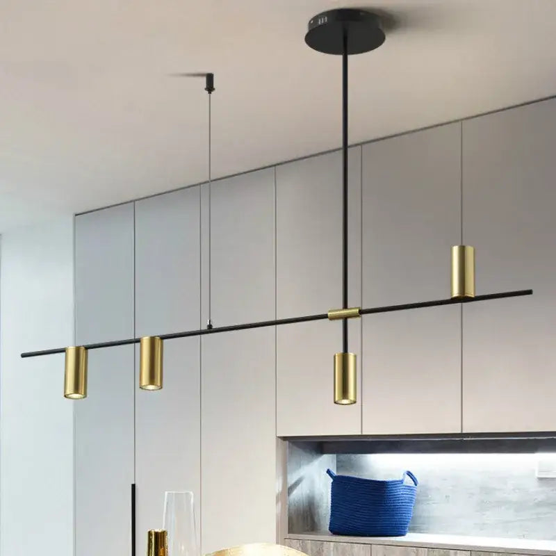 Modern decorbites designer black long chandelier featuring sleek black and gold cylindrical pendant light for dining room