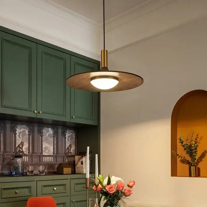 Modern decorbites flying saucer bedroom light with warm circular wooden shade and brass accents flying saucer solid wood