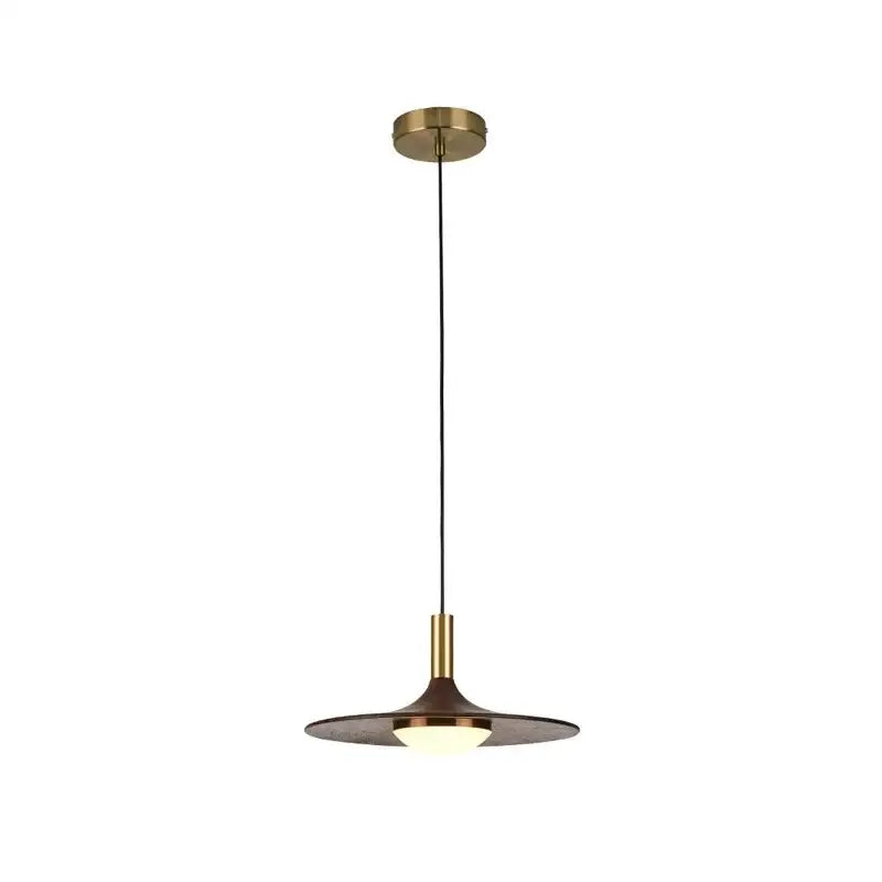 A modern decorbites flying saucer solid wood chandelier with brass mount and dark brown saucer shade for bedroom lighting