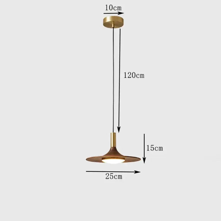 A modern brass decorbites flying saucer solid wood pendant light with a sleek disc-shaped shade and 120cm hanging length