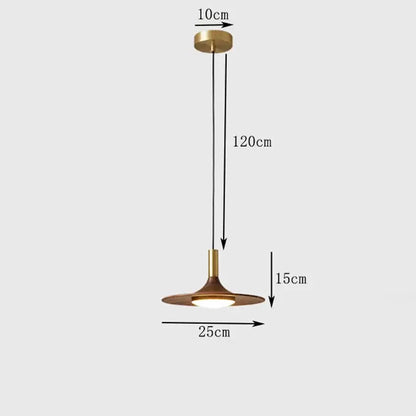 A modern brass decorbites flying saucer solid wood pendant light with a sleek disc-shaped shade and 120cm hanging length