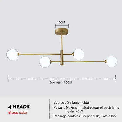 Modern decorbites glass brass chandelier with four spherical white glass lamp heads in a brass finish for living room