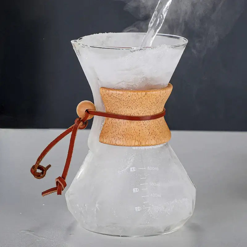 Modern decorbites glass coffee maker with clear glass body and light brown wooden collar for kitchen drip brewing