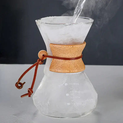 Modern decorbites glass coffee maker with clear glass body and light brown wooden collar for kitchen drip brewing