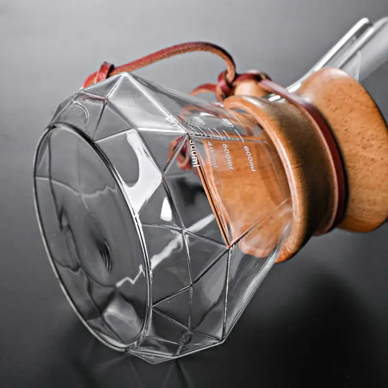 Modern decorbites glass coffee maker with faceted design wooden lid and leather straps for kitchen drip pot use