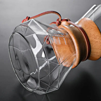 Modern decorbites glass coffee maker with faceted design wooden lid and leather straps for kitchen drip pot use