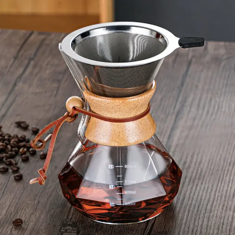 A clear glass coffee maker decorbites glass coffee maker with wooden collar stainless steel filter and brown leather tie
