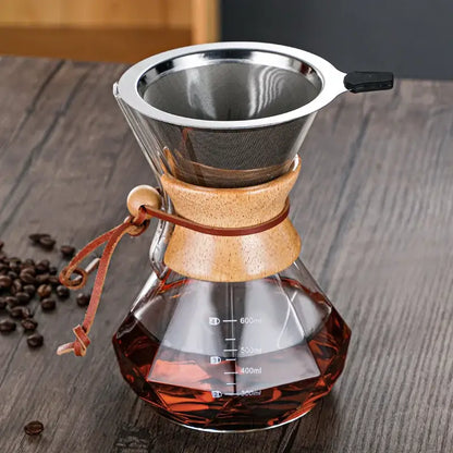 A clear glass coffee maker decorbites glass coffee maker with wooden collar stainless steel filter and brown leather tie