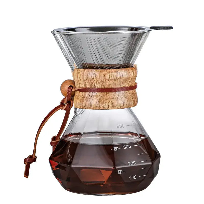 Modern decorbites glass coffee maker with clear chemex design, wood collar, stainless steel filter, and leather tie