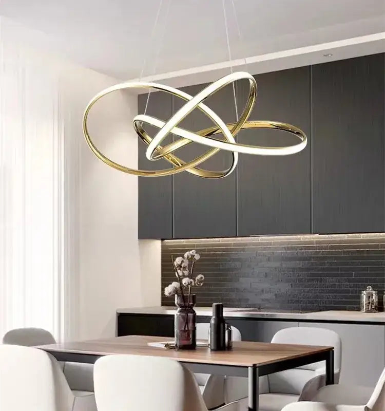 Modern decorbites gold ring led chandelier with interlocking circular rings for dining room lighting