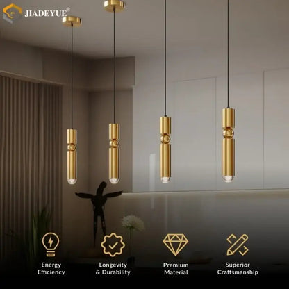 Modern decorbites golden led chandelier featuring gold cylindrical pendant lights with clear glass ends for dining room lighting