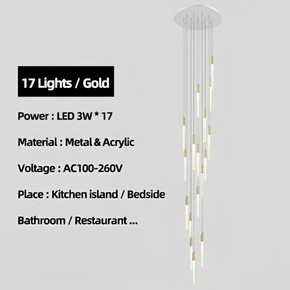 Modern decorbites luxe gold tube chandelier with 17 led lights acrylic diffusers and slender metal rods for dining room lighting