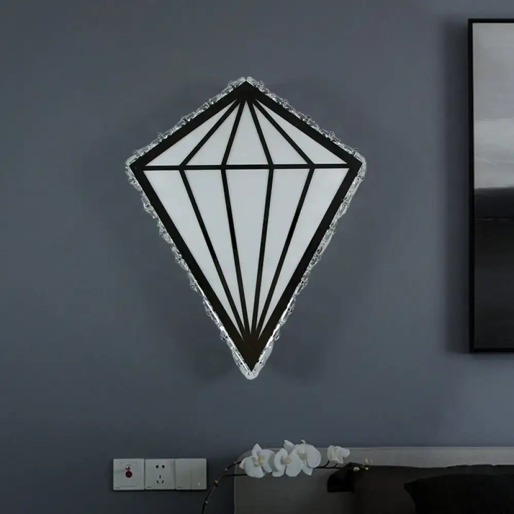 Modern diamond white wall light with warm white light bulb base featuring frosted glass and textured silver frame