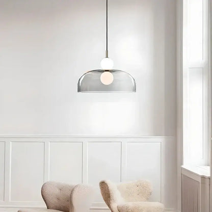 Modern pendant light with translucent gray glass dome and double balls glass chandelier design suspended by black cord