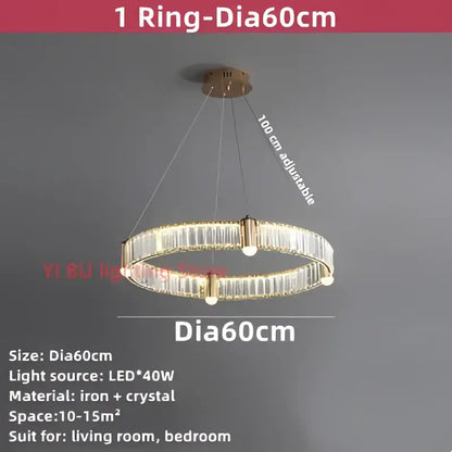 Modern double ring crystal ceiling chandelier with gold-toned iron frame and adjustable 100 cm hanging length by DecorBites crystal ceiling