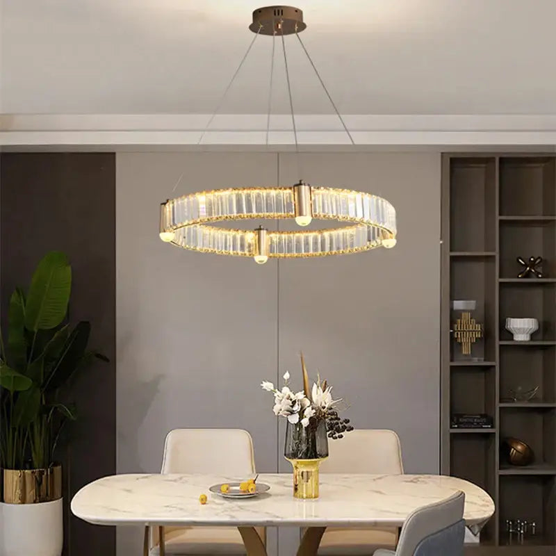 Modern double ring crystal ceiling chandelier with clear crystal rods and gold-toned accents by decorbites crystal ceiling decor