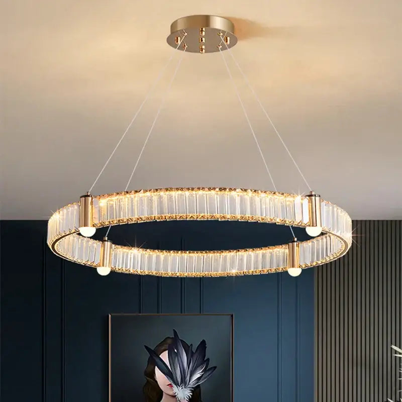Modern double ring crystal ceiling chandelier with clear crystal segments and gold-toned metal for living room decorbites crystal ceiling