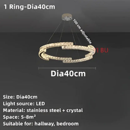 A modern double ring decorbites crystal ceiling chandelier with stainless steel frame and sparkling crystal accents