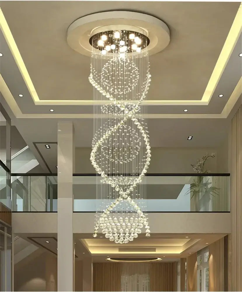 Modern double spiral crystal chandelier with clear glass beads and warm lights for hotel and villa living room